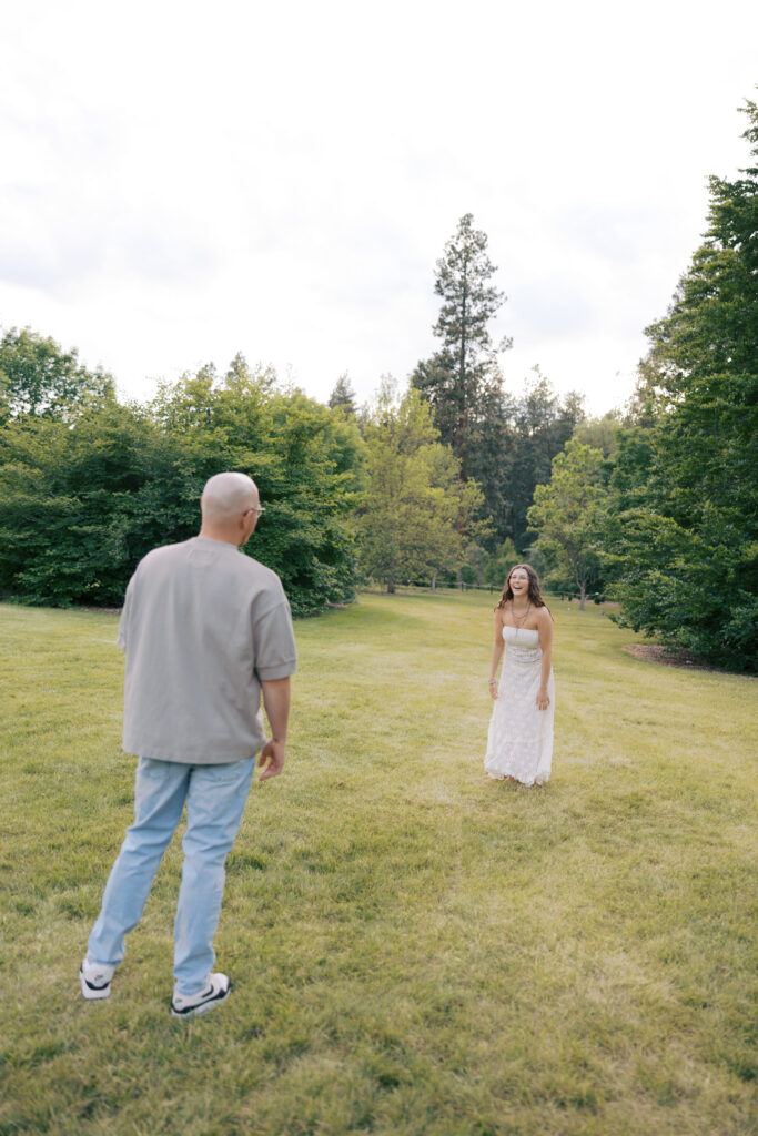 couple laughing Finch Arboretum engagement session Spokane